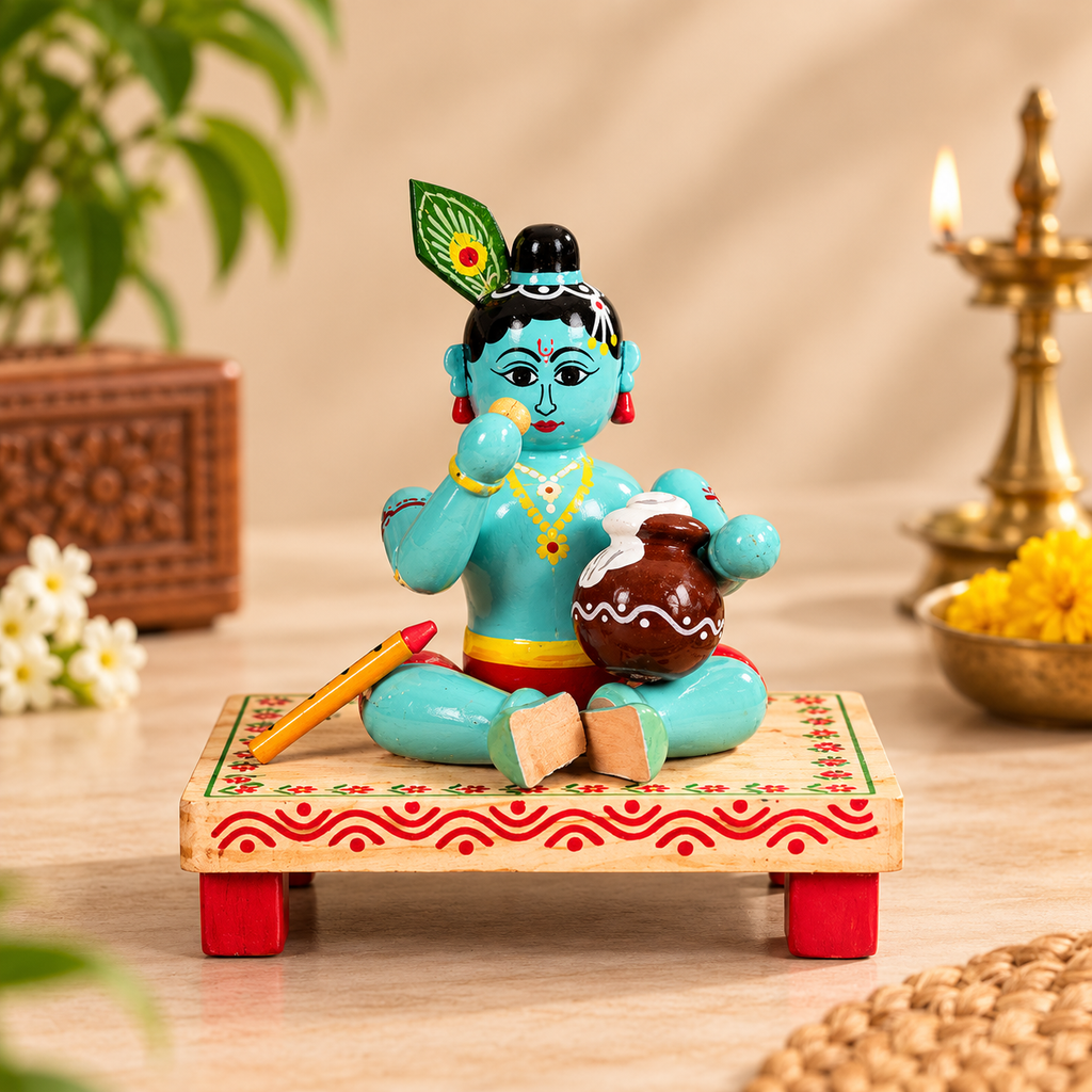 Venna Krishna Wooden Figurine – Sitting & Eating Butter | Etikoppaka Style