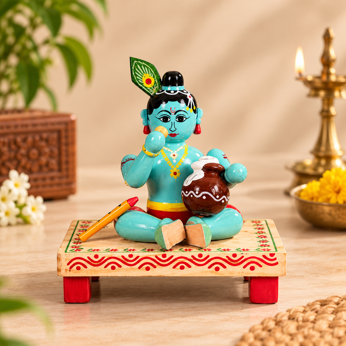 Venna Krishna Wooden Figurine – Sitting & Eating Butter | Etikoppaka Style