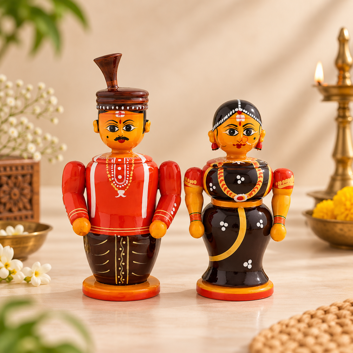 Traditional Pelli Koduku Pelli Kuthuru wooden bride and groom dolls