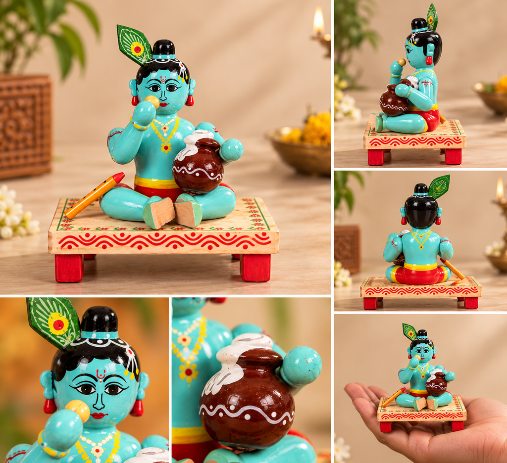 Venna Krishna Wooden Figurine – Sitting & Eating Butter | Etikoppaka Style