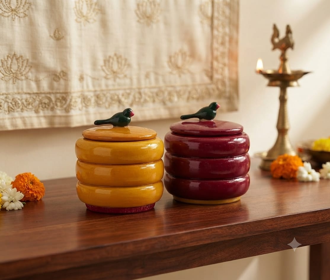Yetikoppaka Wooden Kumkum Box & Haldi Kumkum Bharani Set